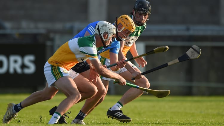 Liam Dunne of Dublin in action against Dara Maher, left, and Padraic Watkins of Offaly during the Leinster GAA Hurling U20 Championship semi-final match between Dublin and Offaly at Parnell Park in Dublin.