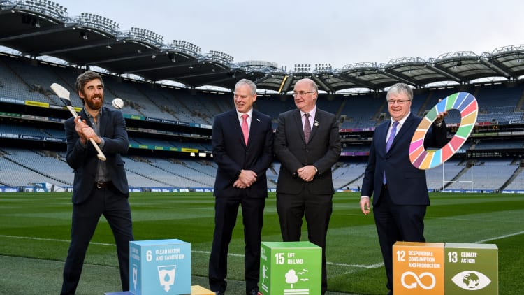 Former Wexford hurler Diarmuid Lyng, Chariman of Local Autority Climate Change Steering Group Ciarán Hayes, Uachtarán Chumann Lúthchleas Gael John Horan and Chairman of CCMA Michael Walsh in attendance at the GAA Local Authority SDG Launch at Croke Park in January.