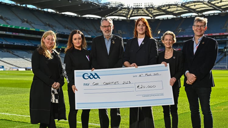 In attendance during a GAA Charity Partners 2023 event are, from left, Global Director Mens Health Promotion Programmes at The Movember Foundation Sarah Coghlan, Young Lives vs Cancer Senior Fundraising Manager Fiona McCann, Uachtarán Chumann Lúthchleas Gael Larry McCarthy, Women's Aid Too Into You Project Lead Mary Hayes, Chief Executive Officer of Trócaire Caoimhe de Barra and ALONE Chief Executive Officer Sean Moynihan at Croke Park in Dublin.