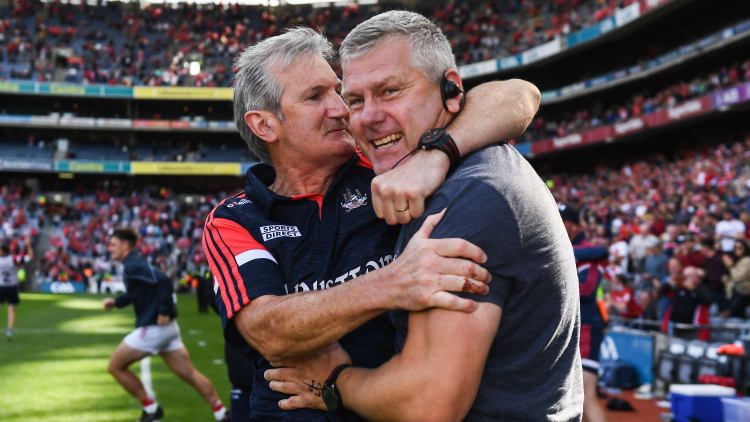 Cork manager Kieran Kingston celebrates with Cork selector Diarmuid O'Sullivan after the GAA Hurling All-Ireland Senior Championship semi-final match between Kilkenny and Cork at Croke Park in Dublin.