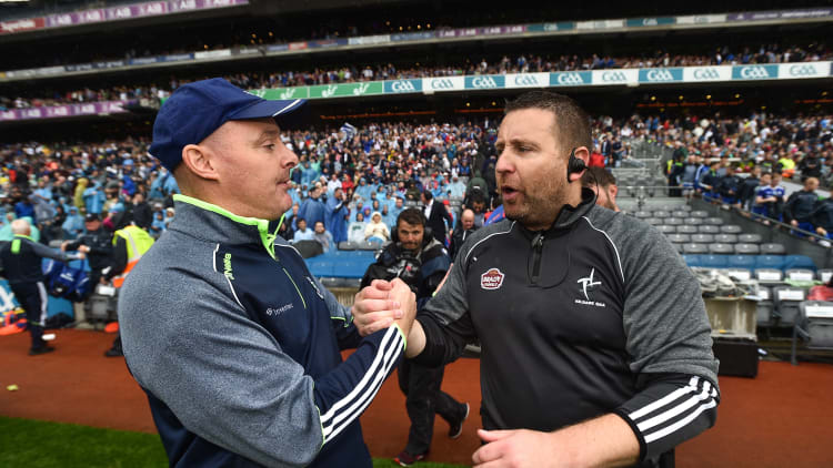 Monaghan manager Malachy O'Rourke, left, shakes hands with Kildare manager Cian O'Neill after the GAA Football All-Ireland Senior Championship Quarter-Final Group 1 Phase 1 match between Kildare and Monaghan at Croke Park.