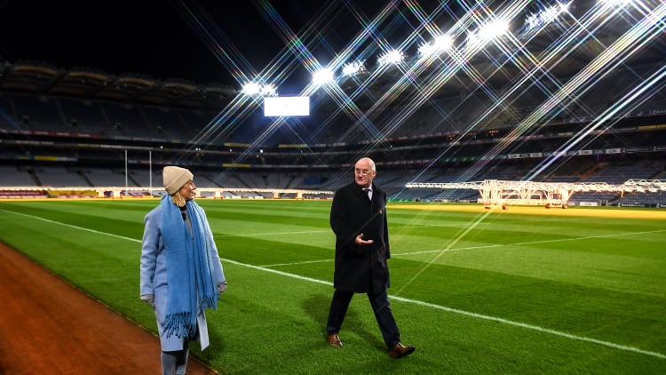 Presenter Kathryn Thomas and Uachtarán Chumann Lúthchleas Gael John Horan during the launch of Ireland Lights Up 2021 in partnership with RTÉ’s Operation Transformation and Get Ireland Walking at Croke Park.