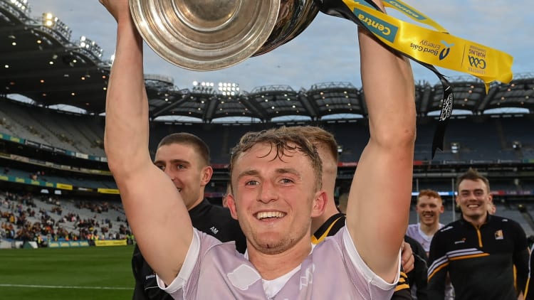 Kilkenny defender Mikey Butler celebrates with the Bob O'Keeffe Cup after his man of the match performance in the Leinster SHC Final against Galway.