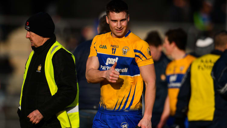 Jamie Malone celebrates following a crucial Clare win at Cusack Park.