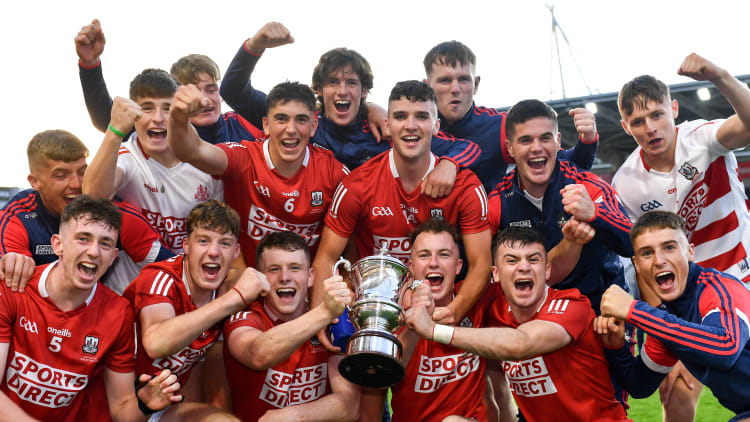 Cork players celebrate after victory over Limerick in the Bord Gáis Energy Munster U-20 Hurling Final.