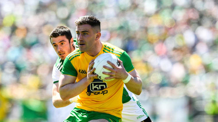 Patrick McBrearty of Donegal in action against Michael Jones of Fermanagh 2018 Ulster SFC Final.