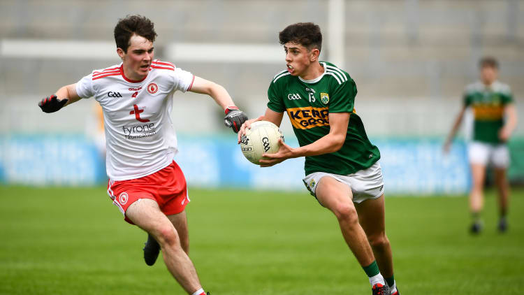 Dylan Geaney of Kerry in action against Séamus Sweeney of Tyrone during the Electric Ireland GAA Football All-Ireland Minor Championship Quarter-Final match between Kerry and Tyrone at Bord Na Mona O'Connor Park in Tullamore, Offaly.