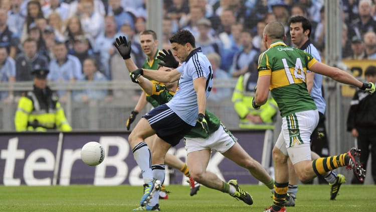 Bernard Brogan landing a glorious late score in the 2011 All Ireland SFC win over Kerry at Croke Park.