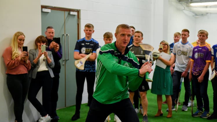Henry Shefflin, Ballyhale Shamrocks manager and Bank of Ireland Ambassador, during a coaching session at the launch of the Bank of Ireland Celtic Challenge 2019 at Croke Park in Dublin.