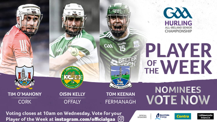 Cork's Tim O'Mahony, Offaly's Oisin Kelly, and Fermanagh's Tom Keenan are this week's nominees for GAA.ie Hurler of the Week.