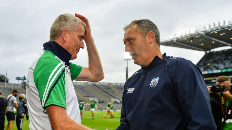 Limerick manager John Kiely and Waterford boss Liam Cahill following the 2021 All Ireland SHC semi-final at Croke Park.