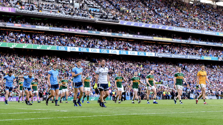 The Dublin and Kerry teams parade around Croke Park before the 2019 All-Ireland SFC Final replay.