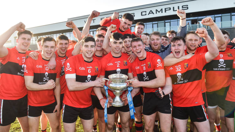 UCC players celebrate after winning the 2019 Fitzgibbon Cup.