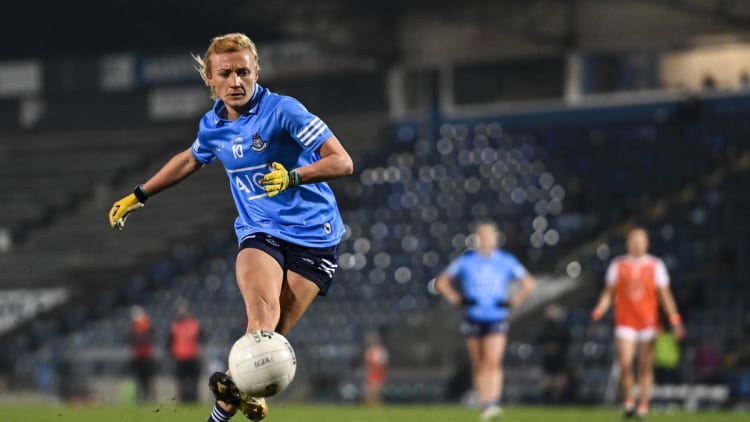 Carla Rowe of Dublin scores her side's third goal, from a penalty, during the TG4 All-Ireland Senior Ladies Football Championship Semi-Final match between Armagh and Dublin at Kingspan Breffni in Cavan.
