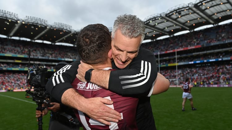 Pádraic Joyce celebrates with Damien Comer following the All-Ireland SFC semi-final win over Derry at Croke Park.
