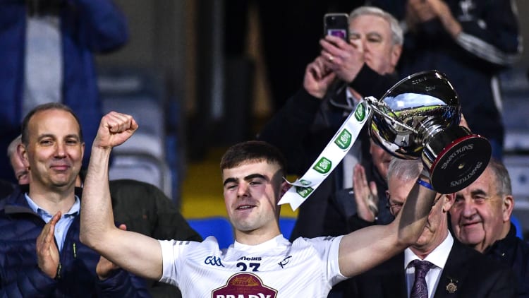 Kildare captain Aaron Browne lifts the cup after the EirGrid Leinster GAA Football U20 Championship Final match between Dublin and Kildare at MW Hire O'Moore Park in Portlaoise, Laois.