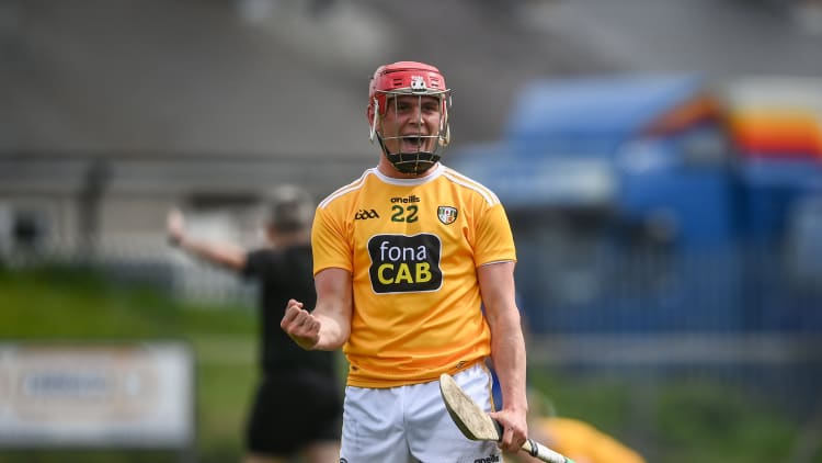 Antrim's Eoin O'Neill celebrates at Corrigan Park.