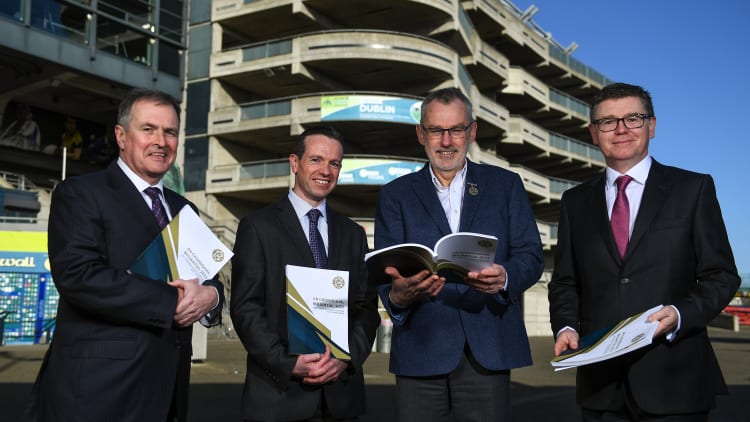 Attendees, from left, GAA commercial director & Croke Park stadium director Peter McKenna, GAA director of finance Ger Mulryan, Uachtarán Chumann Lúthchleas Gael Larry McCarthy and Ard Stiúrthóir of the GAA Tom Ryan at the GAA/Croke Park financial reports and director general’s annual report media briefing at the GAA Museum in Croke Park, Dublin.