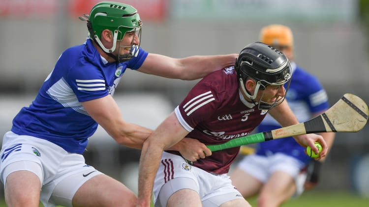Padraic Mannion, Galway, and Mark Dowling, Laois, in Leinster SHC action.