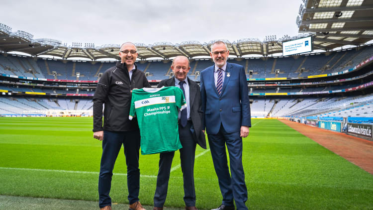 Pictured at the sponsorship announcement at Croke Park in Dublin are, from left, Liam O’Mahony, Chair GAA National Post-Primary Schools Committee, Des Smith, Masita Ireland and Uachtarán Chumann Lúthchleas Gael Larry McCarthy