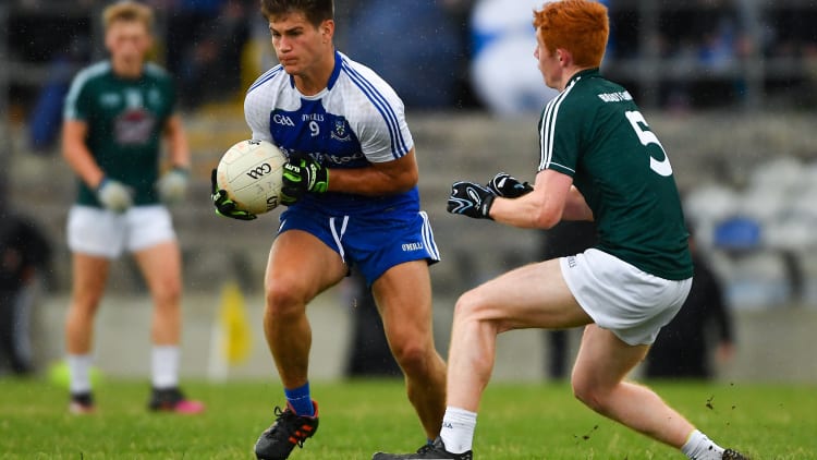 Andrew Moore of Monaghan in action against Nick Jackman of Kildare during the Electric Ireland GAA Football All-Ireland Minor Championship Quarter-Final.