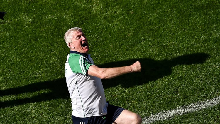 Limerick manager John Kiely celebrates after the Munster GAA Hurling Senior Championship Final match between Limerick and Tipperary at Páirc Uí Chaoimh in Cork.