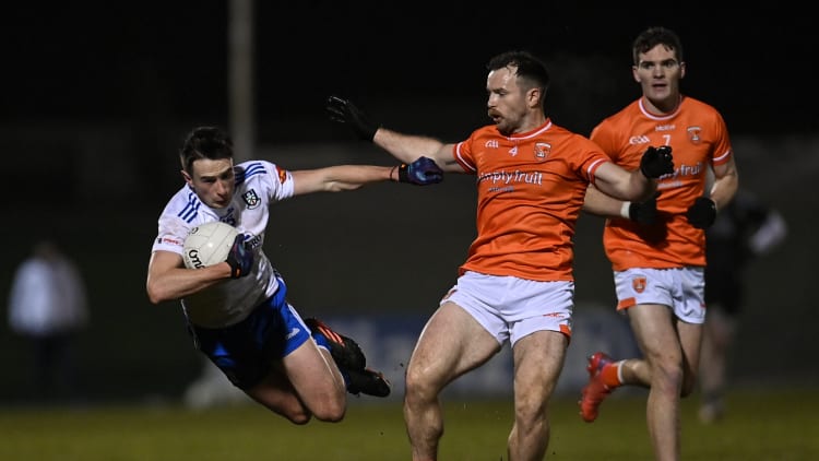Shane Carey, Monaghan, and Ross Finn, Armagh, in Allianz Football League Division One action.
