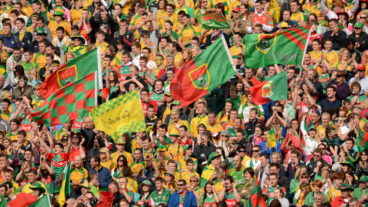 Mayo and Donegal supporters pictured on Hill 16 in Croke Park before the 2012 All-Ireland SFC Final.