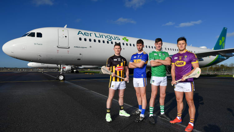 Paul Murphy, Barry Heffernan, Diarmaid Byrnes, and Lee Chin pictured at Dublin Airport where Aer Lingus, in partnership with the GAA & GPA, unveiled a one-of-a-kind customised playing kit for the New York Hurling Classic which takes place at Citi Field in New York on November 16.