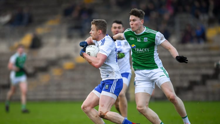 Colin Walshe, Monaghan, and Ronan McCaffrey, Fermanagh, in McKenna Cup action.