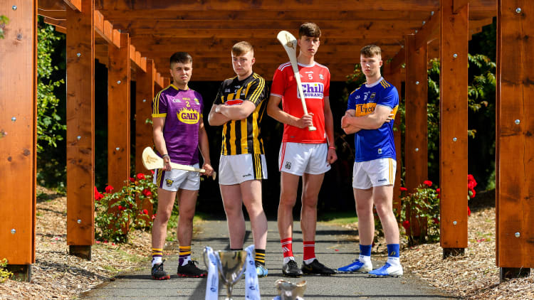Eoin O’Leary, Wexford, Evan Shefflin, Kilkenny, Robert Downey, Cork, and Jake Morris, Tipperary, pictured at Saint Annes Park in Dublin ahead of the upcoming Bord Gais Energy Leinster and Munster Under 20 Hurling Finals.