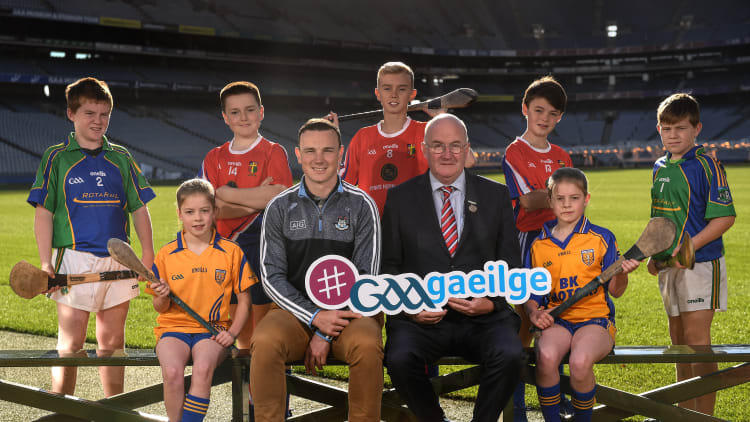 Uachtarán Chumann Lúthchleas Gael Seán Ó hÓráin, le iománaí Átha Cliath Liam Ó Luachra, ag lainseáil Seoladh na nGaeilge #GAAGaeilge
