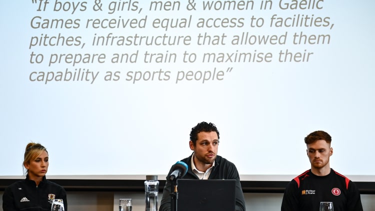 Gaelic Players Association chief executive Tom Parsons, centre, alongside, Galway camogie player Niamh Kilkenny, left, and Tyrone footballer Conor Meyler during a GPA Media Briefing ahead of GAA Congress 2022.
