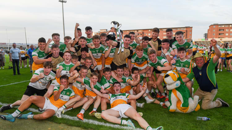Offaly players celebrate with the cup after the EirGrid Leinster GAA Football U20 Championship Final match between Dublin and Offaly at MW Hire O'Moore Park in Portlaoise, Laois.