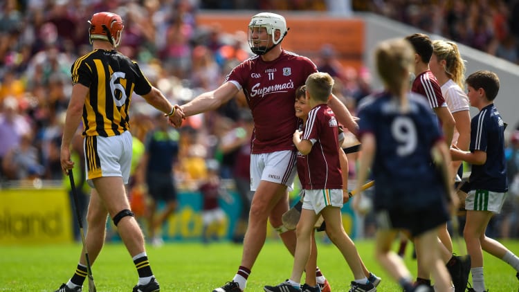 Cillian Buckley and Joe Canning shake hands following the Leinster SHC Final replay at Semple Stadium.