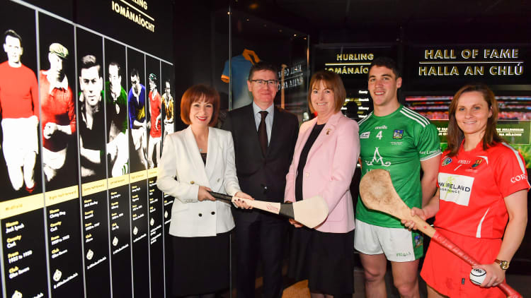 Josepha Madigan, TD, Minister for Culture, Heritage and the Gaeltacht, Ard Stiúrthóir of the GAA Tom Ryan, President of the Camogie Association Kathleen Woods, Limerick hurler Sean Finn and Cork camogie player Aoife Murray at the announcement of UNESCO Intangible Cultural Heritage Status for the game of Hurling and Camogie