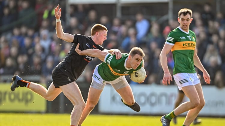 Stephen O'Brien of Kerry in action against Ciaran Mackin of Armagh during the Allianz Football League Division 1 match between Armagh and Kerry at the Athletic Grounds in Armagh.