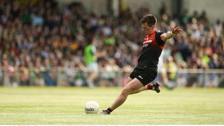 Cillian O Connor kicking a point at the Gaelic Grounds for Mayo.
