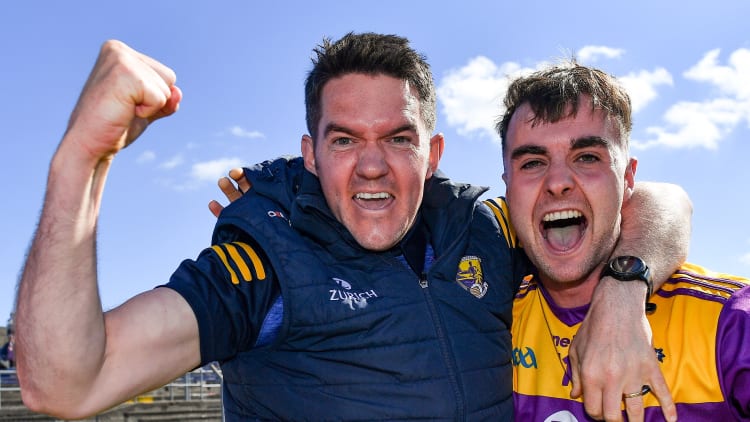 Wexford manager Shane Roche celebrates with Seán Nolan after the Leinster GAA Football Senior Championship Round 1 match between Wicklow and Wexford at County Grounds in Aughrim, Wicklow.