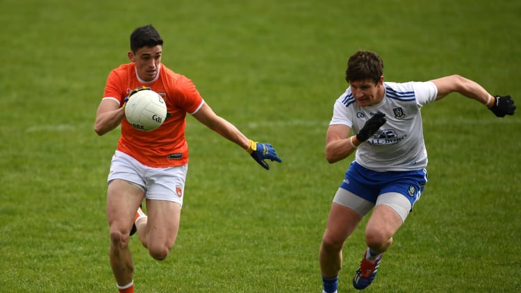 Rory Grugan, Armagh, and Darren Hughes, Monaghan, during the Allianz Football League Division One North encounter at Brewster Park.