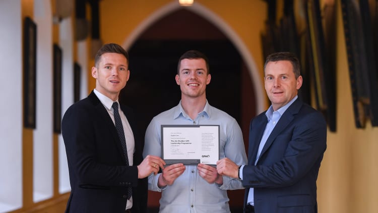 Mayo footballer Stephen Coen receives his certificate from GPA CEO Paul Flynn, left and Chairman of Ronoc Michael Madden during the Jim Madden GPA Leadership Programme Graduation for 2019 at NUI Maynooth in Maynooth, Co Kildare.