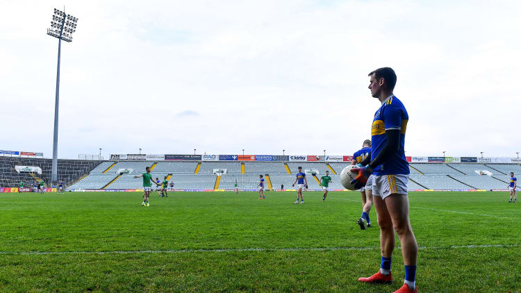 Conor Sweeney of Tipperary prepares to scores a point from a free, late in injury-time of the second half, to equalise and force extra-time in the Munster GAA Football Senior Championship Semi-Final match between Limerick and Tipperary at LIT Gaelic Grounds in Limerick.