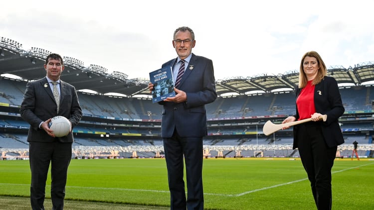 In attendance at the launch of the Introduction to Coaching Gaelic Games at Croke Park in Dublin, are, from left, Uachtarán Cumann Peil Gael na mBan, Mícheál Naughton, Uachtarán Chumann Lúthchleas Gael Larry McCarthy and Hilda Breslin, President of the Camogie Association.