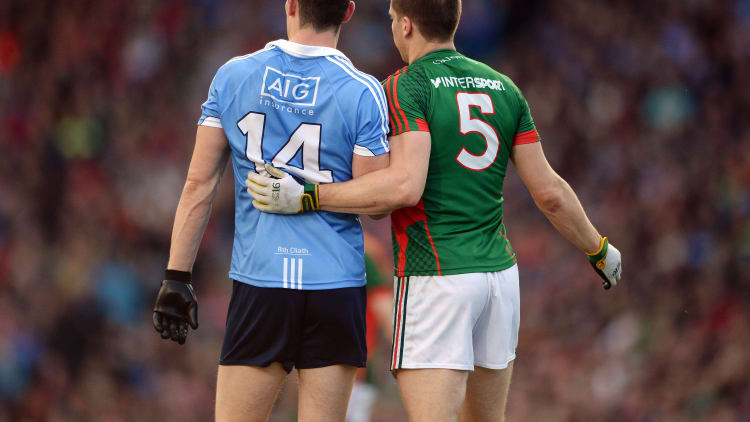 Diarmuid Connolly, Dublin, and Lee Keegan, Mayo, during the 2016 All Ireland SFC Final replay at Croke Park.