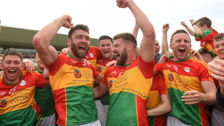 Carlow players celebrating a dramatic win over Kildare.