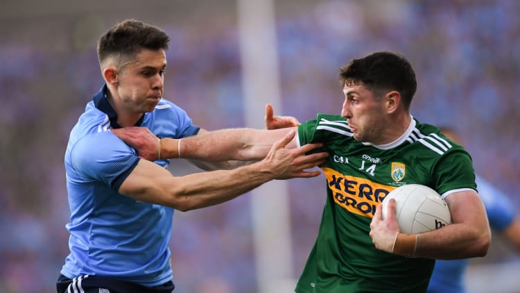 David Byrne, Dublin, and Paul Geaney, Kerry, during the All Ireland SFC Final at Croke Park.