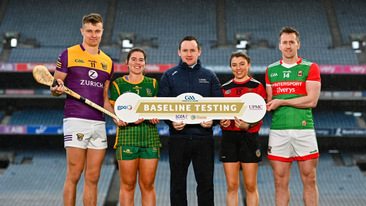 Wexford hurler Jack O'Connor, Meath ladies footballer Sinead Ennis, UPMC General Manager John Windle, Down camogie player Niamh Mallon and Mayo footballer Cillian O'Connor pictured at the launch of UPMC Concussion Baseline Testing Programme at Croke Park.