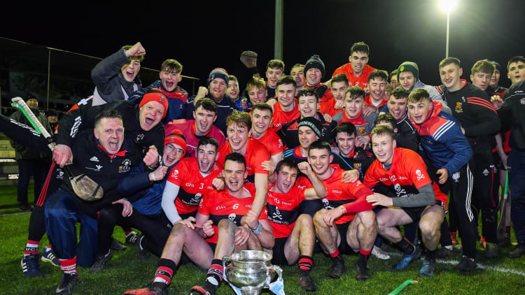 UCC players celebrate after the Fitzgibbon Cup Final match between UCC and IT Carlow at Dublin City University Sportsgrounds in Glasnevin, Dublin.