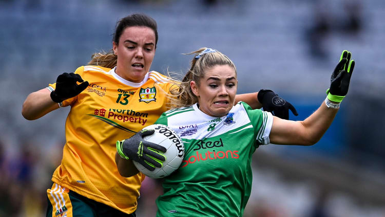 Brenda Bannon, Fermanagh, and Bronagh Devlin, Fermanagh, in action at Croke Park.