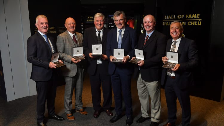 The 2019 GAA Museum Hall of fame inductees, from left, are former hurlers Nicky English, Terence ‘Sambo’ McNaughton, Conor Hayes, and former footballers Colm O'Rourke, Larry Tompkins and Denis ‘Ogie’ Moran.